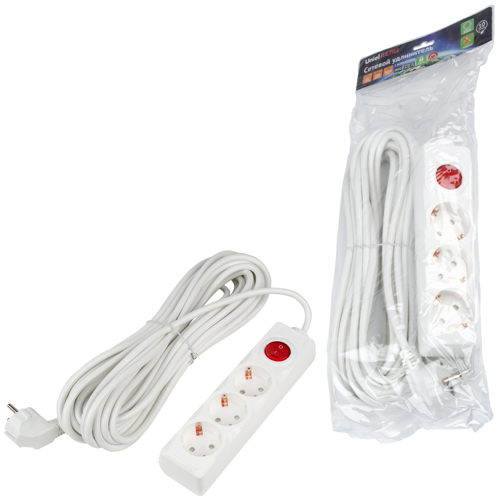 S-GCU3-10B WHITE Удлинитель серии Ultra, шнур 10м., 3 гнезда, 16A, с/з. Белый. TM Uniel