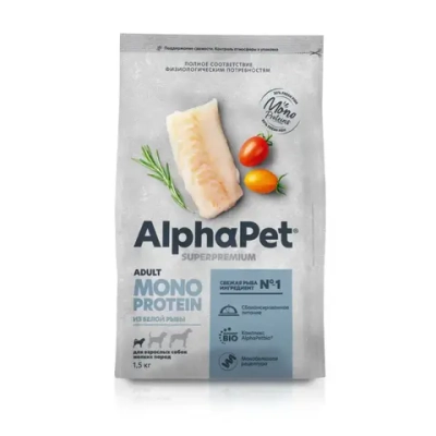 Alphapet superpremium monoprotein сухой корм для взрослых собак мелких пород с белой рыбой - 1,5 кг