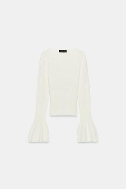 ZARA ДЖЕМПЕР ВЯЗАНЫЙ АЖУРНЫЙ С РУКАВАМИ КЛЕШ, ЭКРЮ