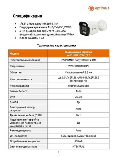 Видеокамера Optimus AHD-H012.1(2.8)I_V.2