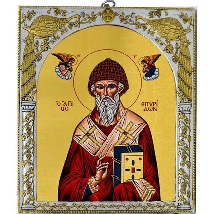 Икона Спиридона Тримифунтского в античной серебряной ризе. 20 х 24 см.