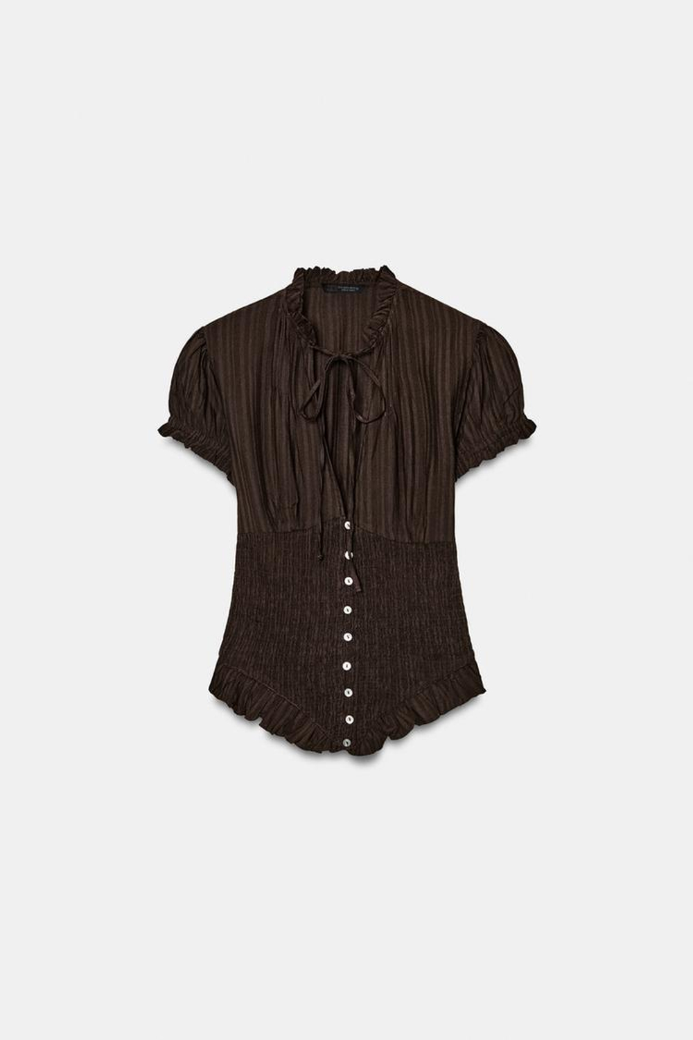 ZARA ТОП ИЗ РЕЛЬЕФНОЙ ТКАНИ С БАНТОМ, ТЕМНО-КОРИЧНЕВЫЙ