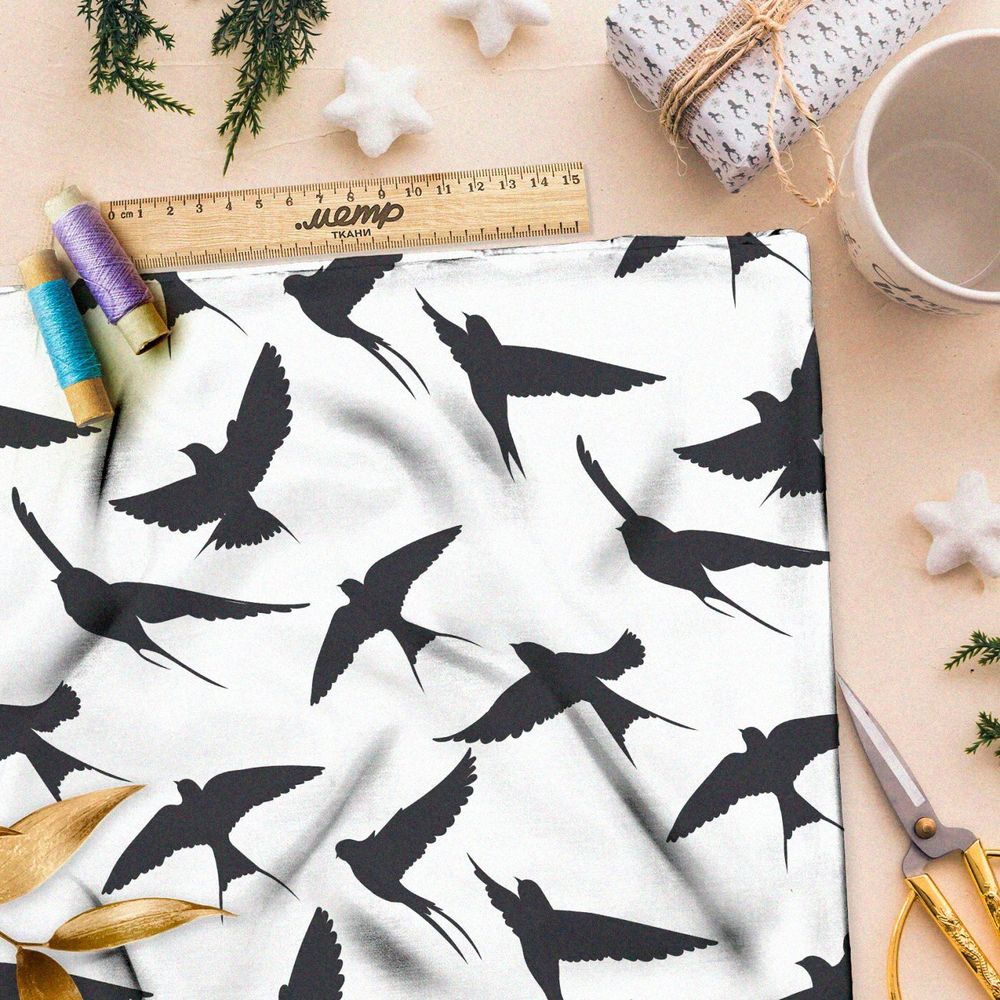Ткань премиум дюспо темные ласточки на белом