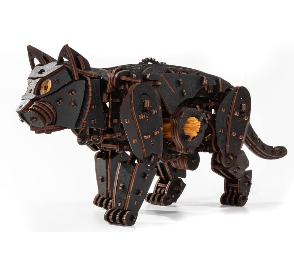 Механический Черный Кот от Eco Wood Art (EWA) - Деревянный конструктор, сборная механическая модель, 3D Пазл