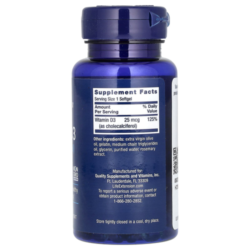 Life Extension, витамин D3, 25 мкг (1000 МЕ), 250 капсул