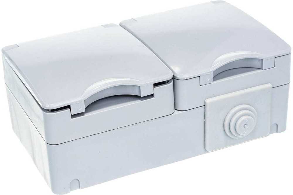 Розетка 2-местная накладная горизонтальная IP65, шторки, 16A-250В, серый Эксперт ЭРА