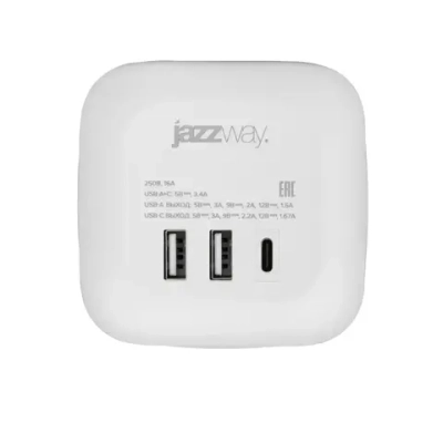 Тройник на 3 розетки / разветвитель 2 USB + 1 TYPE-c быстрая зарядка с выключателем Jazzway
