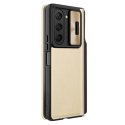 Кожаный чехол золотистого цвета (Champagne Gold) от Nillkin для Samsung Galaxy Z Fold 5, с держателем для S Pen, серия Qin Pro Leather с защитной шторкой для камеры