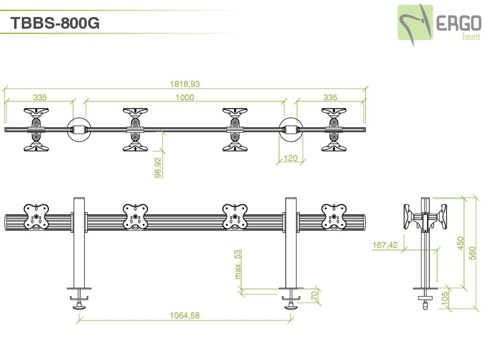 ErgoFount TBBS-800G Настольное крепление back-to-back для 8 мониторов диагональю до 24'' конфигурации 1х4 со струбциной к столу типа "G". Цвет - серебристый