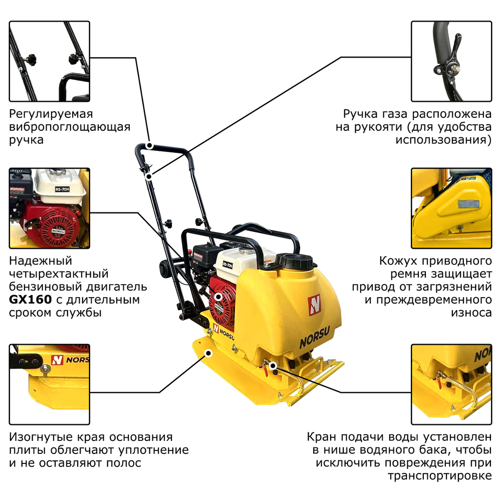 Виброплита бензиновая прямоходная NORSU RF-70TH (колесный комплект, бак для воды)