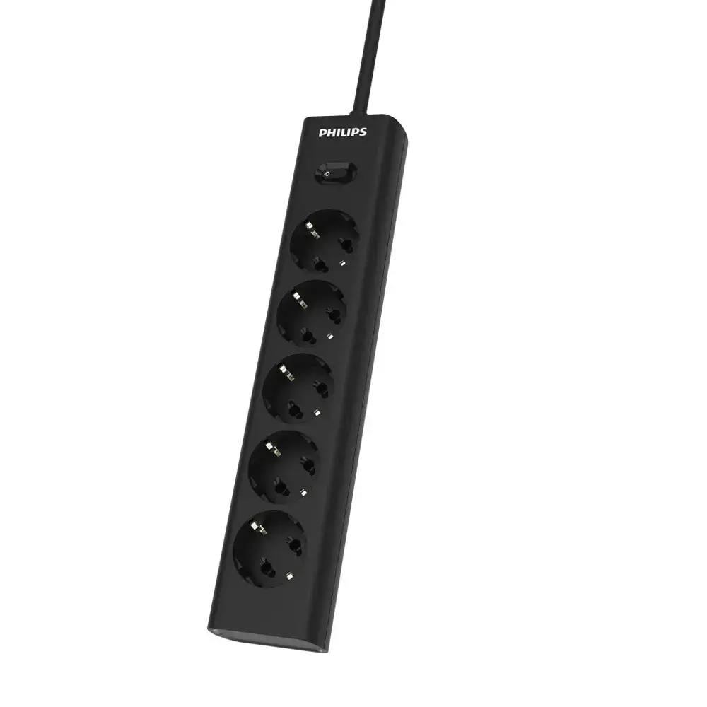 Сетевой фильтр удлинитель Philips CHP2155BB/51 с пятью стандартными розетками EU, с заземлением и защитой от перегрузок, 3 м, черный