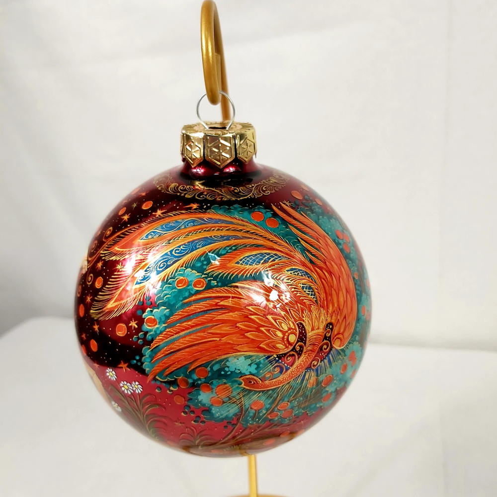 Шар новогодний с полной росписью "Жар-птица" на красном в коробке