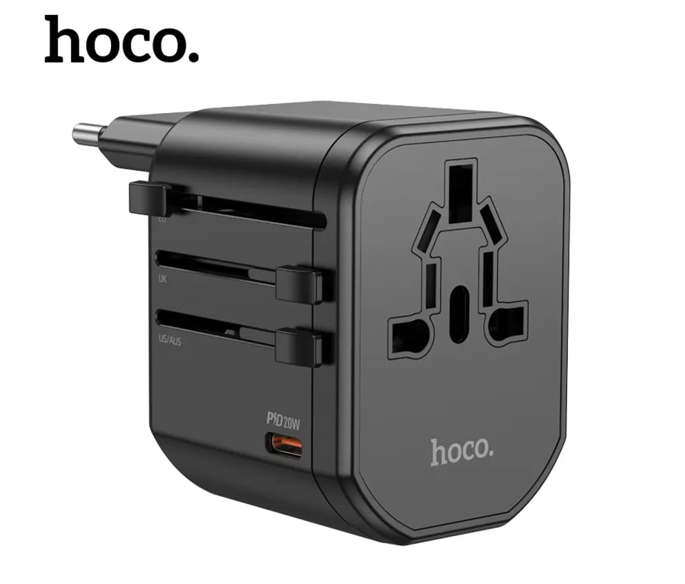 Универсальный адаптер Hoco AC15 Universal Travel Adaptor 2USB+ PD20W (черный)