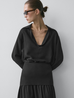 Massimo Dutti Рубашка из струящегося смесового хлопка с V-образным вырезом, коричневый