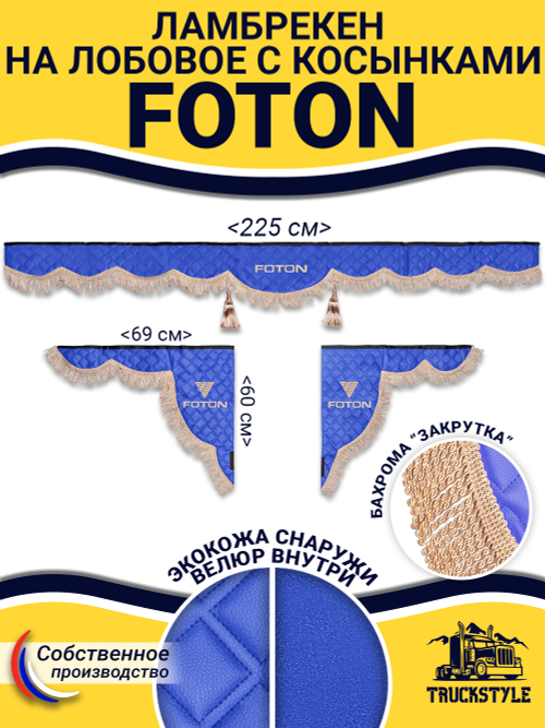 Ламбрекен с косынками стеганые Foton (экокожа, синий, бежевая бахрома "закрутка")