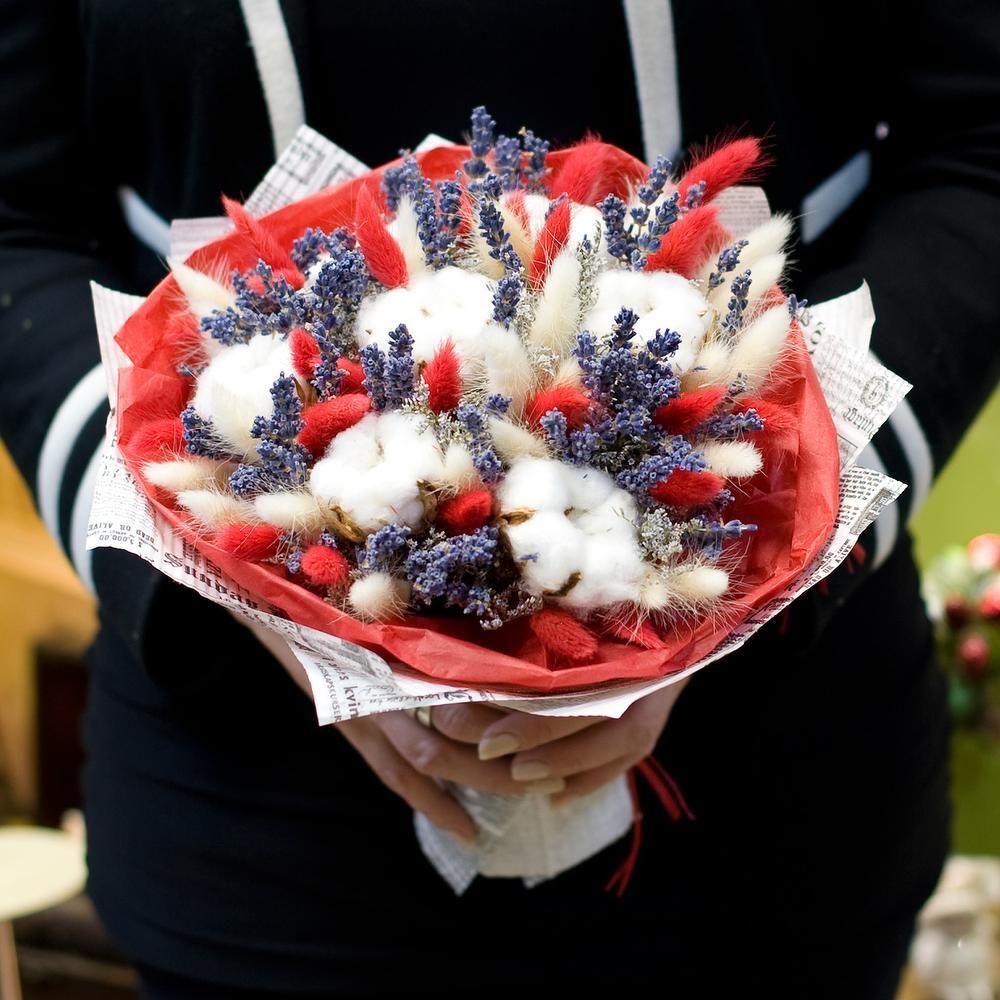 Букет сухоцветов красный яркий хлопок 20х20 см