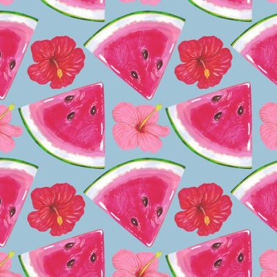 Тропические цветы и дольки арбуза