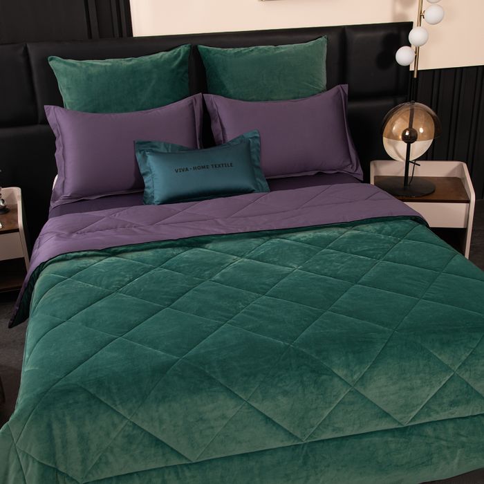 Комплект постельного белья на резинке с одеялом Вельвет Премиум «Изумрудная гладь»
