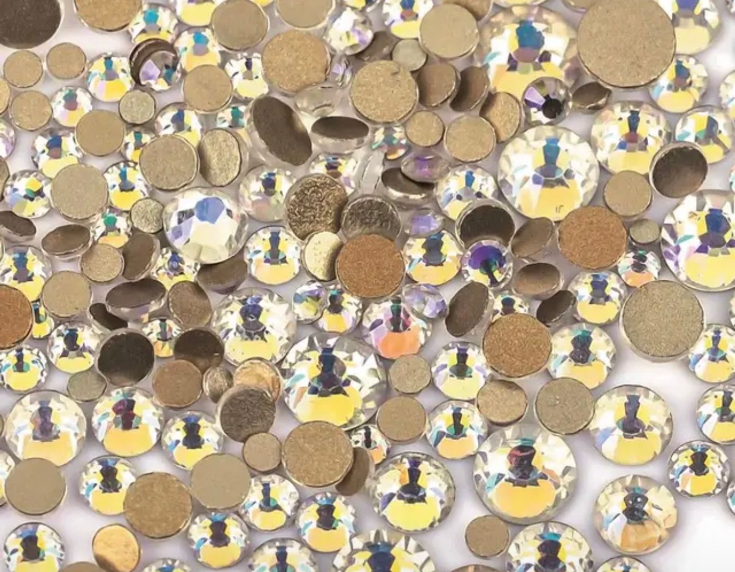 Стеклянные стразы  (размер микс) 1140шт, цвет хамелеон фиолетово-желтый