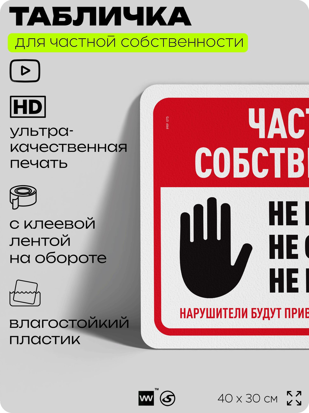 Табличка для частной территории "Частная собственность", на дом, для участка, организаций, предупреждающая, 40х30 см, Silver Plane x Айдентика Технолоджи