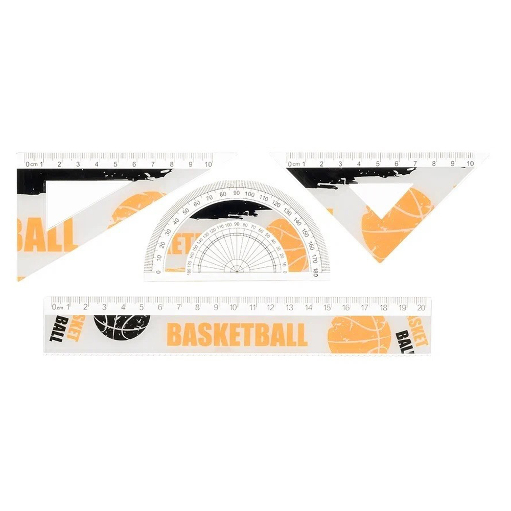 Линейка Basir пластиковая, набор 4 шт, серия "Спорт", 4 предмета: линейка 20 см, транспортир и два угольника