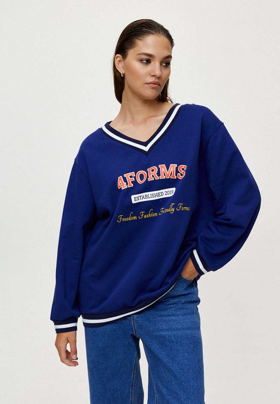 Свитшот с принтом, с V-образным вырезом, синий
