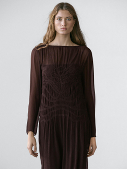 Massimo Dutti Платье миди из струящейся ткани со сборками, коричневый