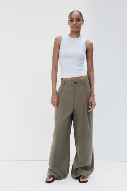 ZARA БРЮКИ С ЗАЩИПАМИ, ХАКИ