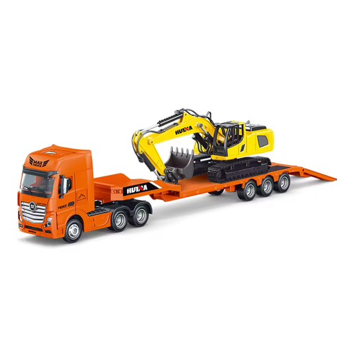 Набор моделей 1:50 Грузовик трейлер с экскаватором оранжевый