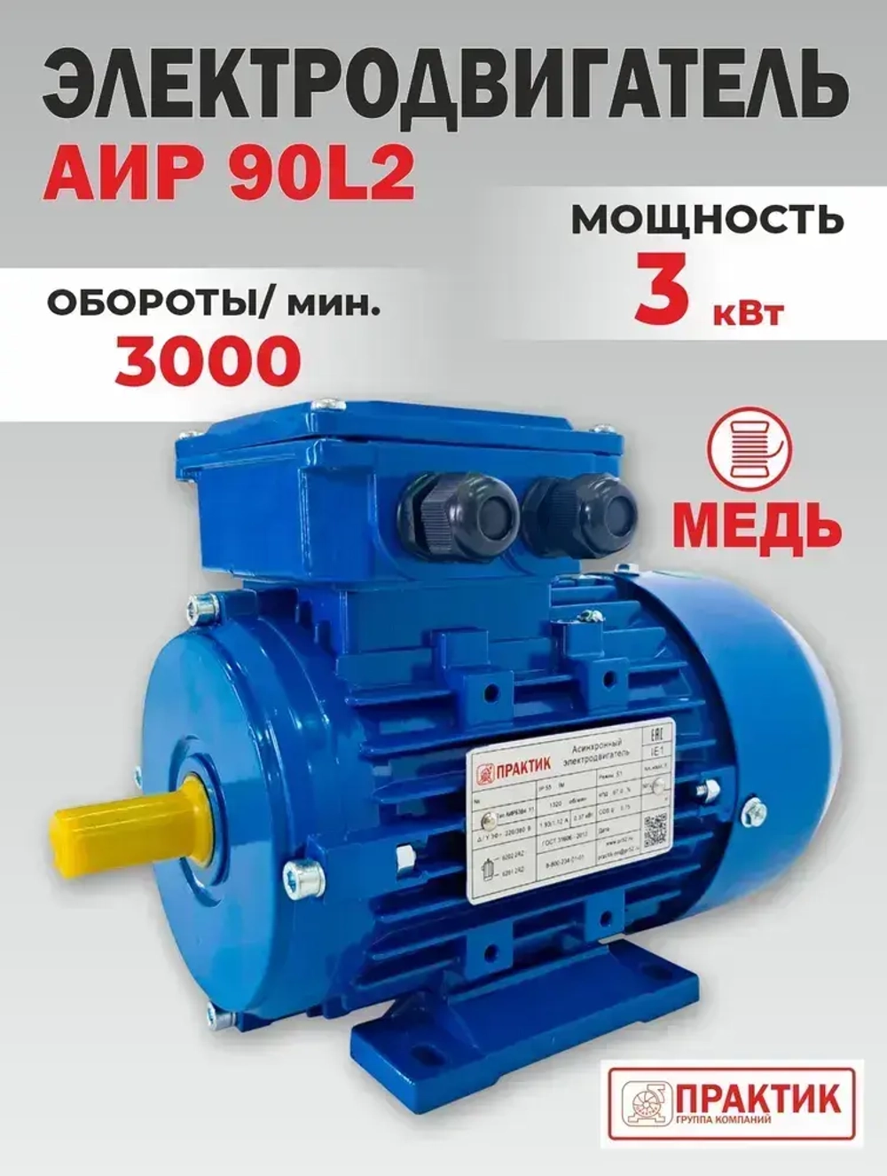 Электродвигатель 220В (380В), 3,0 кВт, 3000 об/мин, АИР 90L2, PR13030