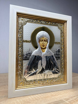 Матрона, икона прямоугольная в рамке под стеклом, белое дерево 170х210