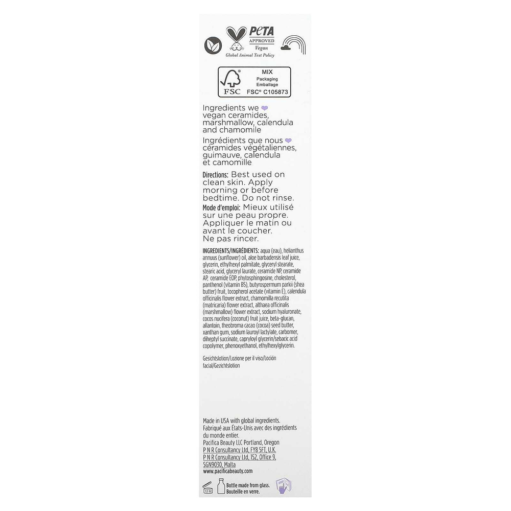 Pacifica, Vegan Ceramide, барьерный лосьон для лица, без отдушек, 50 мл (1,7 жидк. унц.)