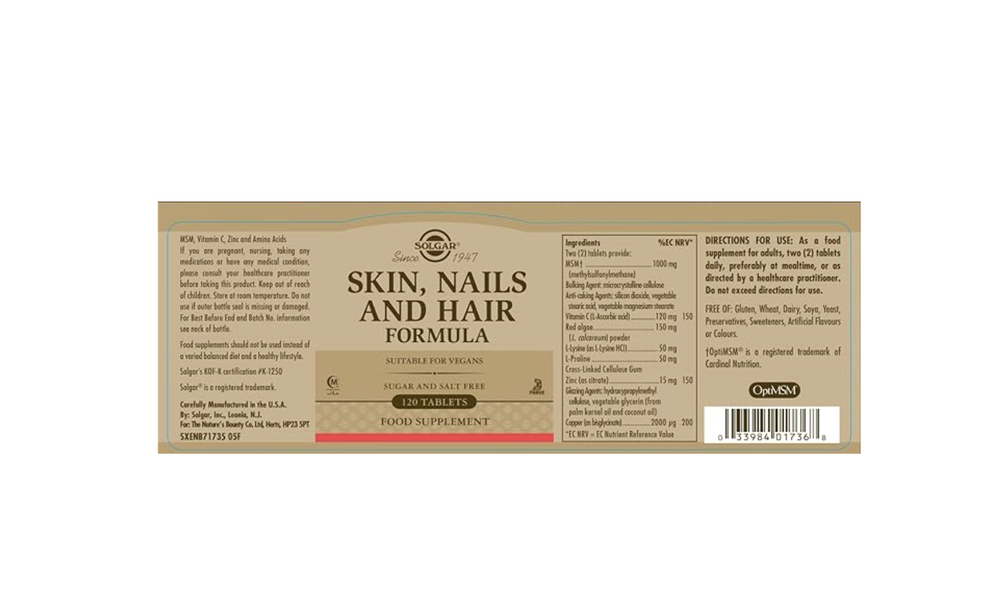 Solgar Skin, Nails & Hair, Усовершенствованная формула МСМ, 120 таблеток - Поддерживает коллаген для здоровья волос, ногтей и кожи - Содержит цинк, витамин С и медь - Не содержит ГМО, глютен и молочные продукты - 60 порций
