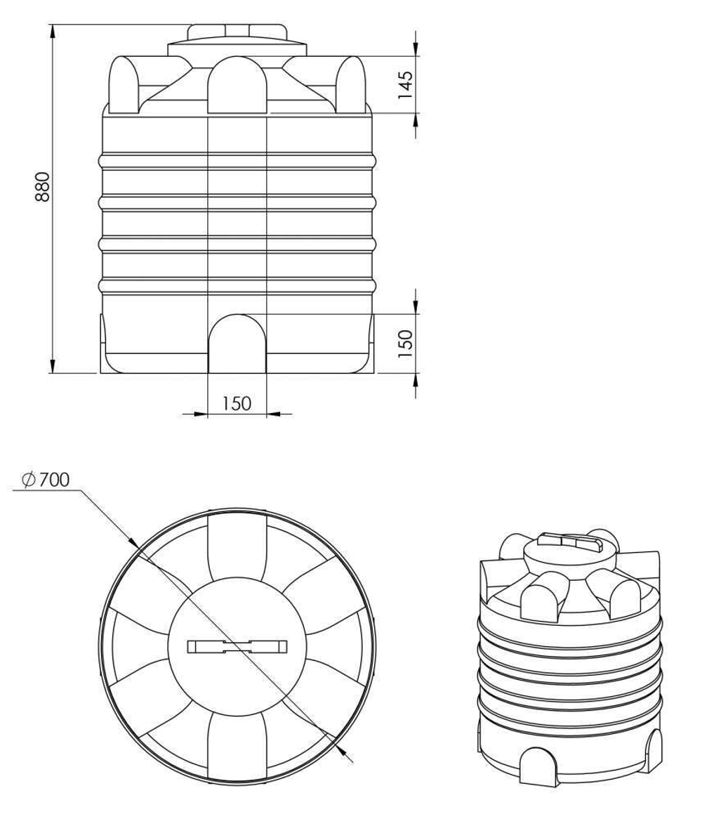 Емкость для технической воды Мультпласт KР-300 300 л. вертикальная (700x700x880см;9кг;черный) - арт.552055