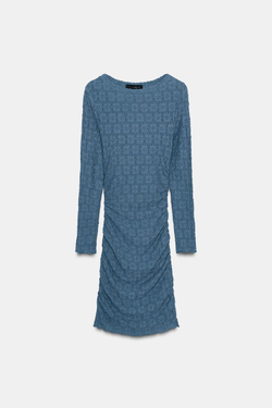 ZARA МИНИ-ПЛАТЬЕ СО СБОРКАМИ И ФАКТУРНОЙ ТКАНИ, СТАЛЬНОЙ СИНИЙ