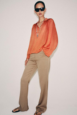 ZARA ТРИКОТАЖНЫЙ ТОП С ВОРОТНИКОМ ПОЛО, ОРАНЖЕВЫЙ