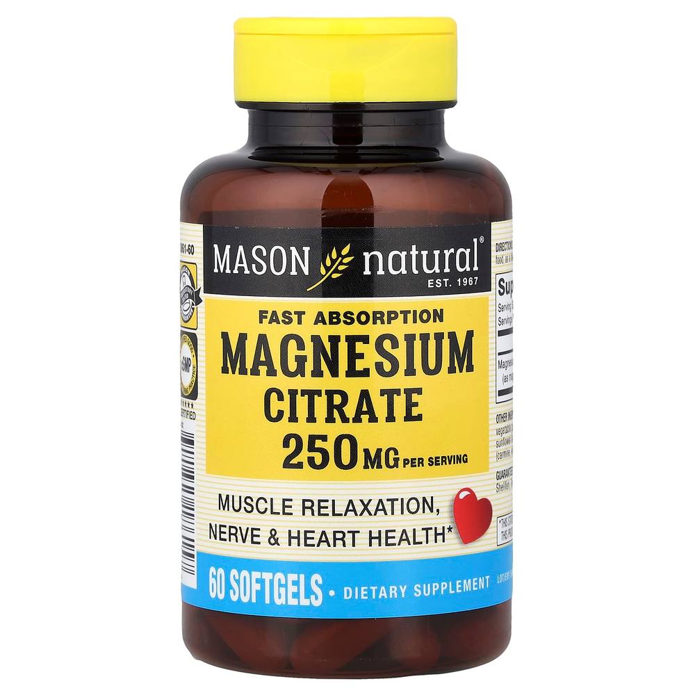 Mason Natural, цитрат магния, быстро всасывается, 60 капсул (125 мг в каждой)
