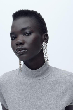 ZARA ТОП В РУБЧИК С ВОРОТНИКОМ-СТОЙКОЙ, СЕРЫЙ С МЕЛАНЖЕВЫМ ЭФФЕКТОМ