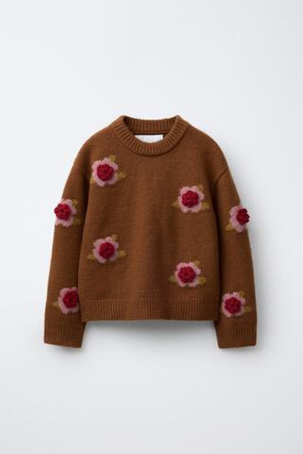 ZARA ВЯЗАНЫЙ ДЖЕМПЕР С ЦВЕТОЧНЫМИ АППЛИКАЦИЯМИ, КАРАМЕЛЬНЫЙ