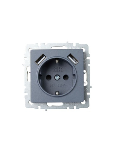 Розетка BRITE РЮш10-1-БрМ 16А с USB A+A 2.1А с заземл. защ. шторки механизм маренго IEK BR-R14-16-U21-D21-K35