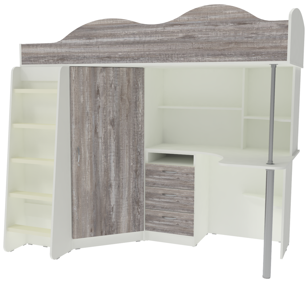 Кровать-чердак КарИВи Пионер с деревянной лестницей Белый  Бетон