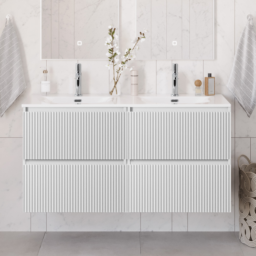 Тумба с раковиной подвесная BelBagno UNO-1200-4C-SO-BO Bianco Opaco, раковина белая BB-8099-120-2 с 2-я чашами