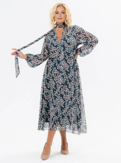 Платье миди из шифона, мятно-пудровый принт