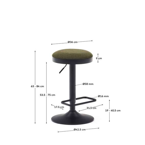 Барный табурет Zaib, 58-80 см, темно-зеленый шенилл, черная ножка