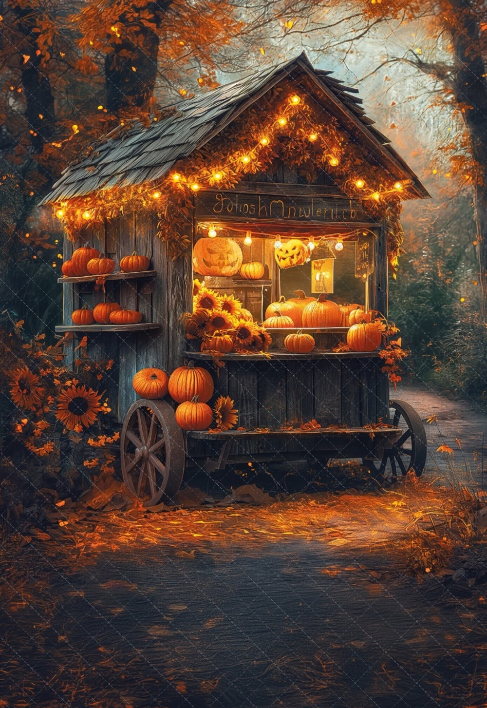 Тележка с тыквами HELLOWEEN - N3  - фон неопреновый