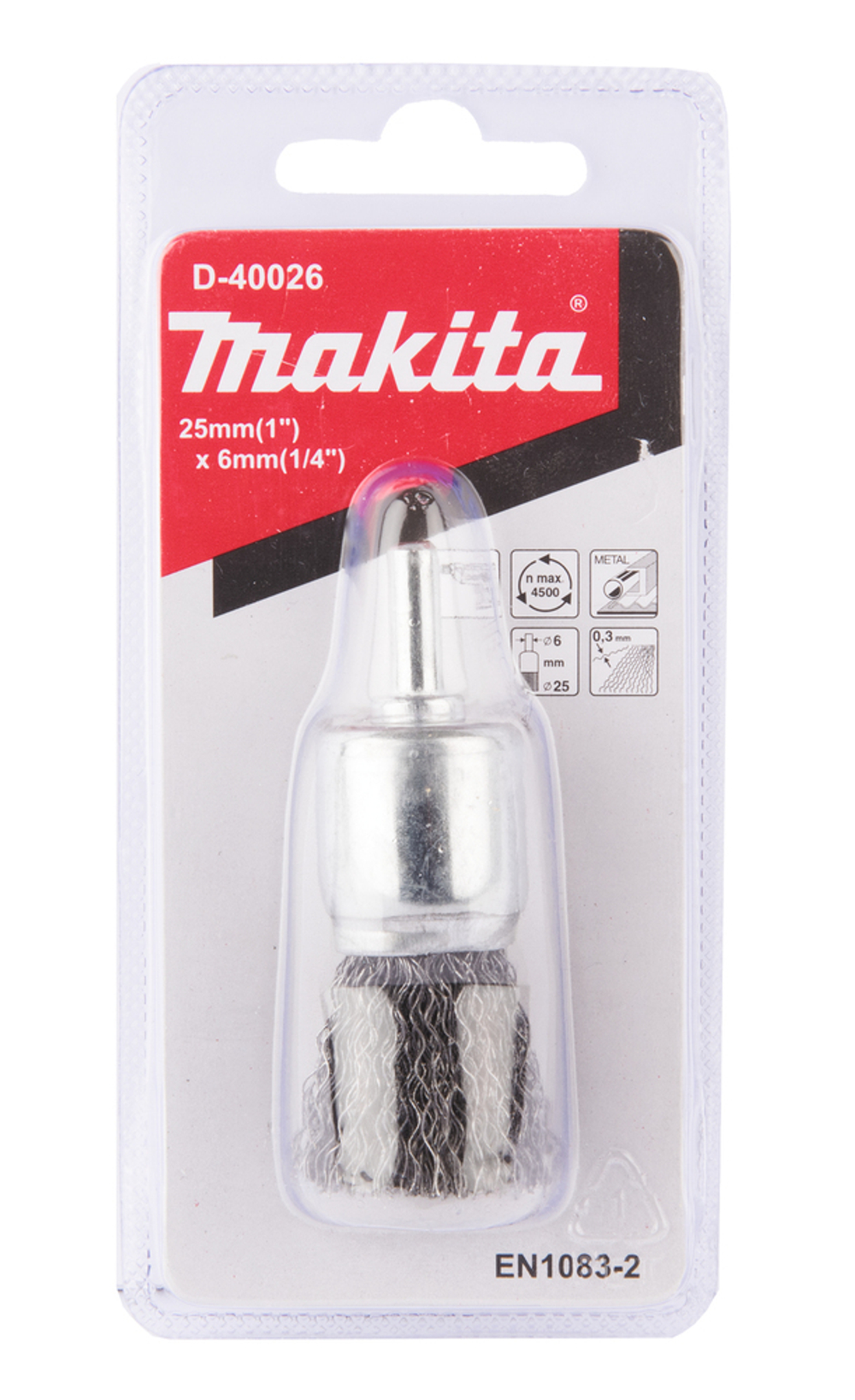 Щетка проволочная кистевая (d25 мм, толщ. проволоки 0.3 мм, гофрированная, металл, 6 мм) Makita D-40026