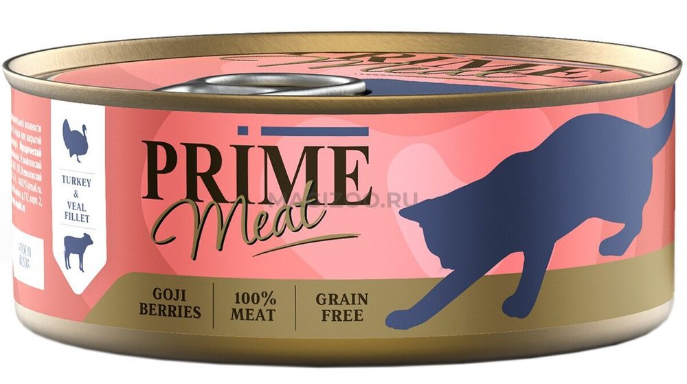 PRIME MEAT 100г ж/б Влажный корм для кошек Индейка с телятиной, филе в желе