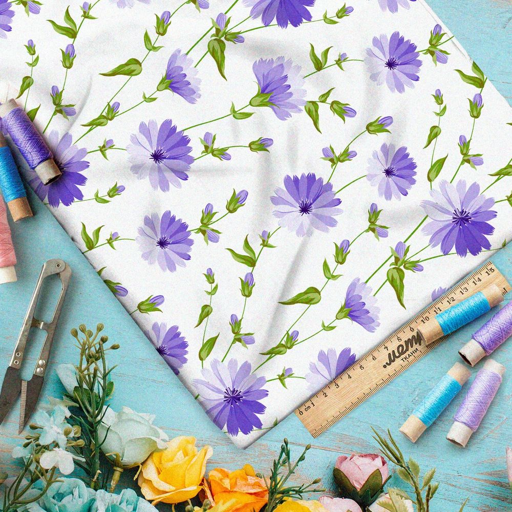 Ткань дюспо васильки и сочная листва на бежевом фоне