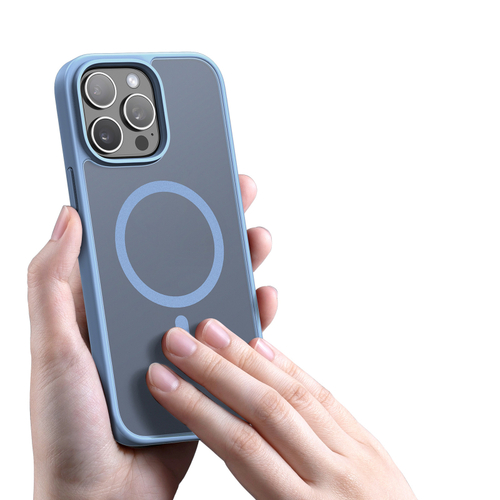 Прозрачный матовый чехол с синими рамками (Light Blue) и с MagSafe от Dux Ducis для iPhone 15 Pro, серия Yind Series Case