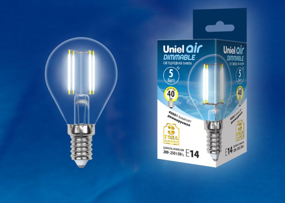 LED-G45-5W/NW/E14/CL/DIM GLA01TR Лампа светодиодная диммируемая. Форма шар, прозрачная. Серия Air. Белый свет (4000K). Картон. ТМ Uniel